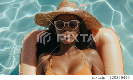 Woman in white sunglasses and hat. 120256496