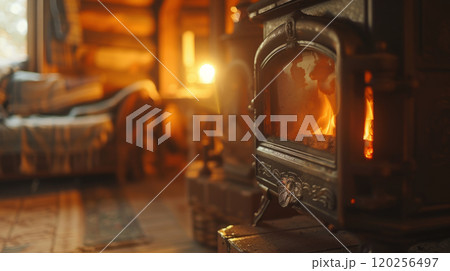 Cast iron fireplace in a forest house. 120256497