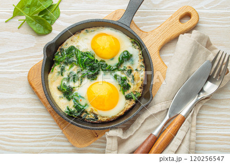 Healthy spinach omelette with two fried eggs in cast iron pan top view Healthy spinach omelette with two fried eggs in cast iron pan top view 120256547