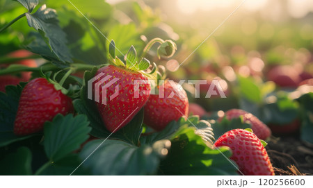 Close-up of ripe strawberries on a bush. 120256600