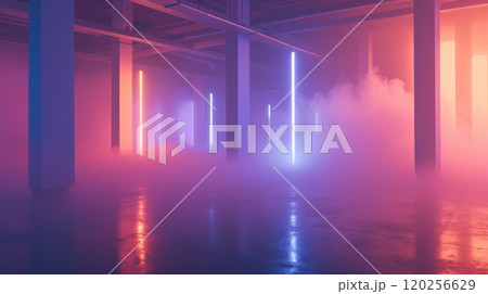 Room with neon lighting and clouds of steam 120256629