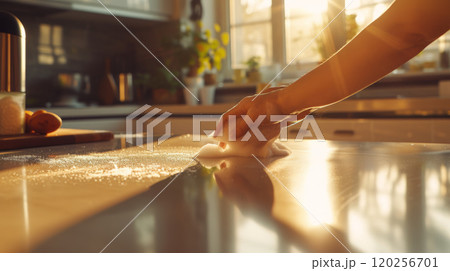 The process of washing a countertop with a sponge and foam. 120256701