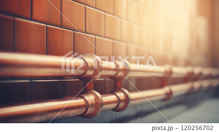 Copper pipes along a brick wall. 120256702