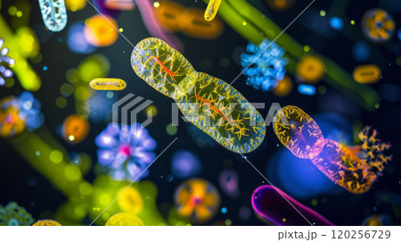 Close-up of microbes under a microscope. Close-up of microbes under a microscope. 120256729