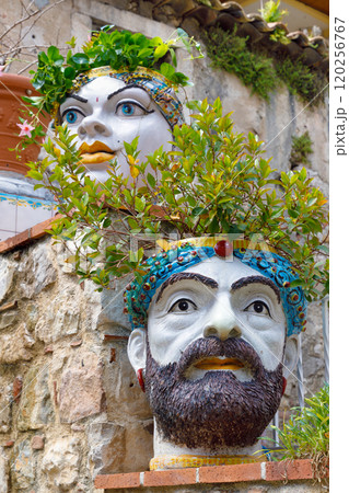 Traditional Testa di Moro planter on Taormina balcony Traditional Testa di Moro planter on Taormina balcony 120256767