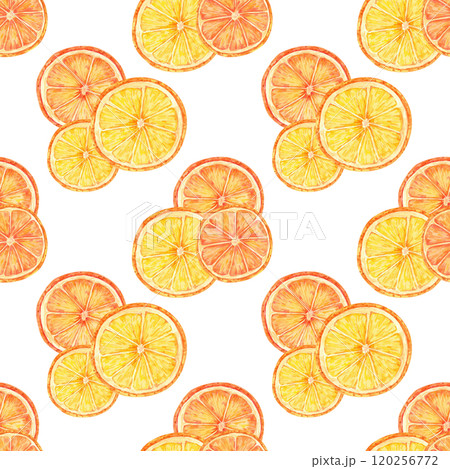 Orange slices with bright orange and yellow tones in a seamless watercolor pattern. Clipart Perfect for designing citrus-themed textiles, wrapping paper, and home decor for kitchens and dining spaces 120256772