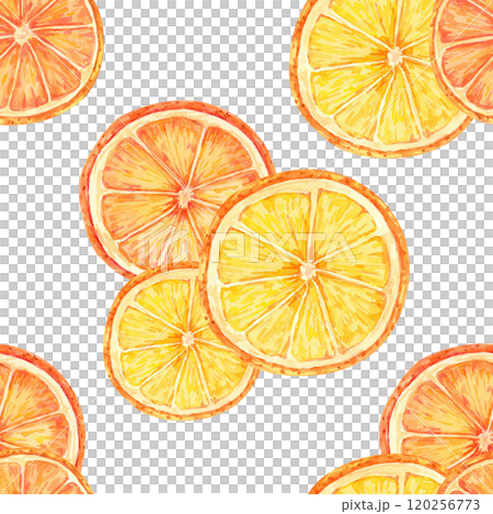 Orange slices with vibrant orange and yellow colors arranged in a seamless watercolor pattern. Ideal for food-themed textiles, gift wrap, home decor, and product packaging for citrus-inspired products 120256773
