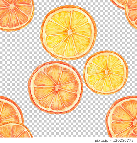 Orange slices in bright shades of orange and yellow form a seamless watercolor pattern. Citrus clipart for use in textiles, gift wrap, home decor, and product packaging with a citrus theme 120256775