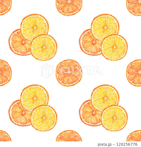 Orange slices with juicy orange and yellow tones in a seamless watercolor pattern. Citrus clipart great for creating food-themed fabric designs, wrapping paper, and custom kitchen decor 120256776