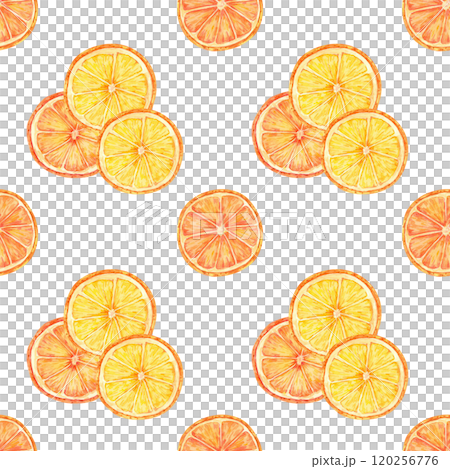 Orange slices with juicy orange and yellow tones in a seamless watercolor pattern. Citrus clipart great for creating food-themed fabric designs, wrapping paper, and custom kitchen decor 120256776