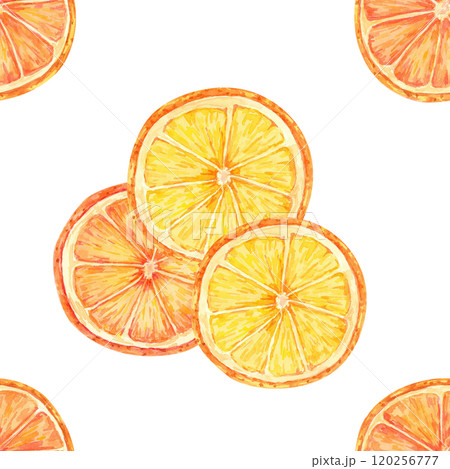 Orange slices with vibrant hues of orange and yellow form a seamless watercolor pattern. Citrus clipart for creating fresh designs for textiles, gift wrap, home decor, and custom product packaging 120256777
