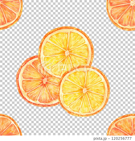 Orange slices with vibrant hues of orange and yellow form a seamless watercolor pattern. Citrus clipart for creating fresh designs for textiles, gift wrap, home decor, and custom product packaging 120256777