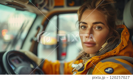 Young woman ambulance driver. Young woman ambulance driver. 120257027