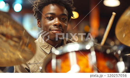 Teenager behind a drum kit at a music school. Teenager behind a drum kit at a music school. 120257056