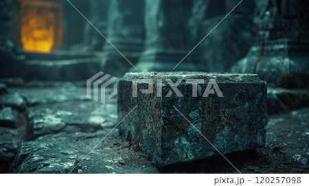 A large stone in a destroyed ancient room. A large stone in a destroyed ancient room. 120257098