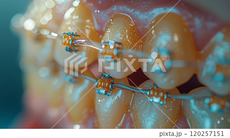 Close-up of teeth with braces. 120257151