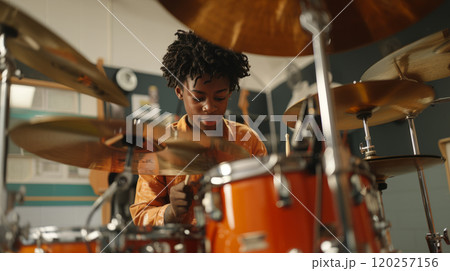 Drum lessons. Boy learning to play drums Drum lessons. Boy learning to play drums 120257156