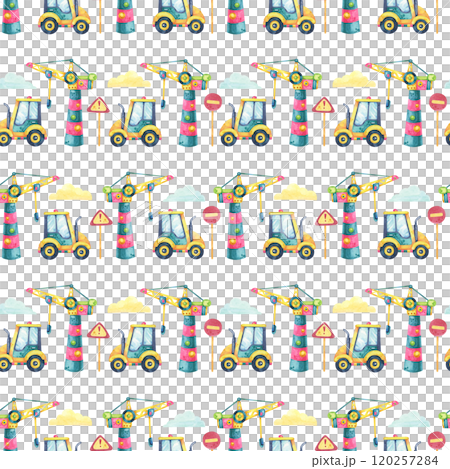 Colorful forklifts, traffic signs, and cranes with clouds. Seamless watercolor pattern. This clipart is perfect for creating childrens room decor, birthday party supplies, and baby blankets Colorful forklifts, traffic signs, and cranes with clouds. Seamless watercolor pattern. This clipart is perfect for creating childrens room decor, birthday party supplies, and baby blankets 120257284