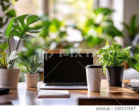 Modern workspace with a laptop surrounded by various indoor plants and a coffee cup 120257647