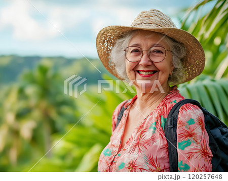 Senior woman in a straw hat with a backpack, smiling warmly in a lush tropical setting 120257648