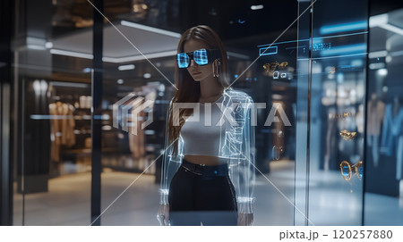 ヘッドセットをしてホログラフィックを体験する若い女性 120257880