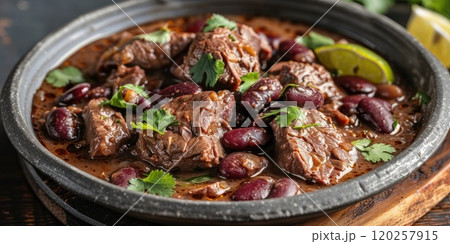 Ghormeh Sabzi, a classic Iranian stew made with tender chunks of lamb or beef, cooked with aromatic blend of herbs, including parsley, cilantro, and fenugreek, along with kidney beans and dried lime 120257915