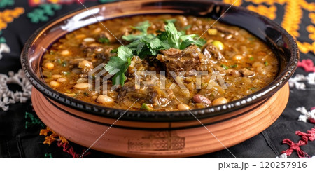 Ghormeh Sabzi, a classic Iranian stew made with tender chunks of lamb or beef, cooked with aromatic blend of herbs, including parsley, cilantro, and fenugreek, along with kidney beans and dried lime 120257916