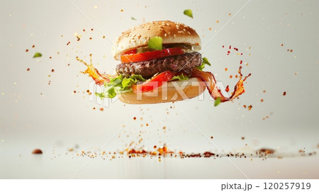 Burger floating in the air, with ingredients flying in the air, cinematic, studio lighting, light background. 120257919