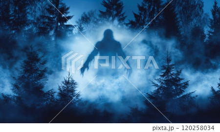 Bigfoot emerging from fog in a dark forest at night 120258034