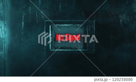 Old dusty television showing no signal message on dark background 120258080