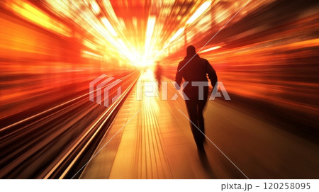 Man walking on train platform with radial blur effect creating orange light trails Man walking on train platform with radial blur effect creating orange light trails 120258095