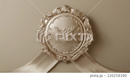 Golden baroque round ornament decorated with ribbons on beige background 120258160