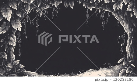 Hand-drawn frame of leaves and tree branches creating dark empty space 120258180