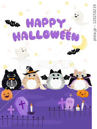 ハロウィンの仮装をした子猫たちのかわいいイラスト　背景素材 120258219