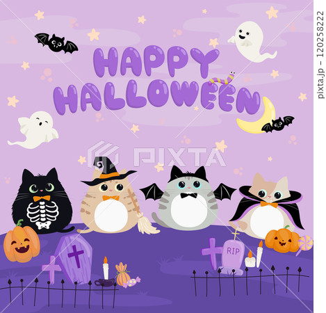 ハロウィンの仮装をした子猫たちのかわいいイラスト　背景素材 120258222