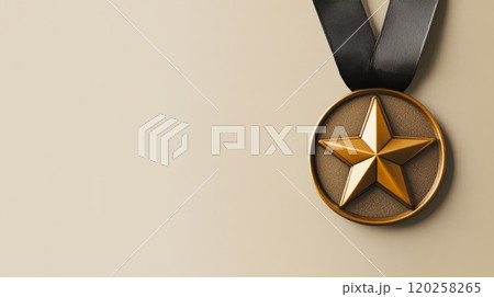 Gold medal hanging from black ribbon symbolizing achievement and success 120258265