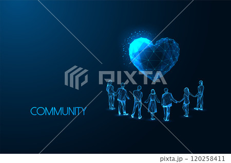 People stand in circle around glowing heart on dark blue background. Community, support, concept. People stand in circle around glowing heart on dark blue background. Community, support, concept. 120258411