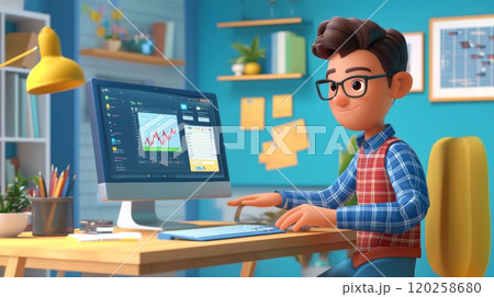 Salesperson Using CRM Software A vibrant, modern 3D cartoon illustration. 120258680