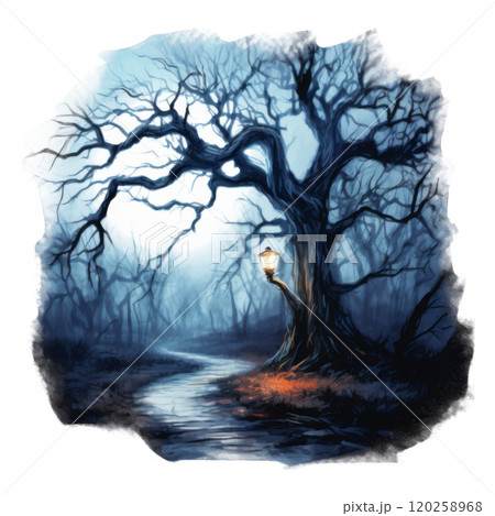 A lantern illuminates a path through a misty forest. 120258968