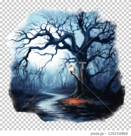 A lantern illuminates a path through a misty forest. 120258968