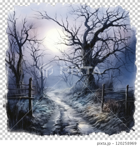 A Misty Path Through a Forest of Bare Trees 120258969