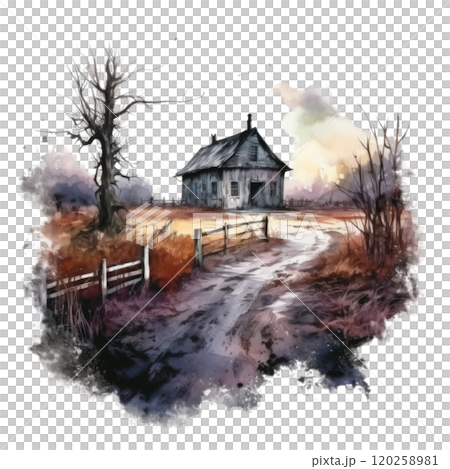 A Rustic Cabin Amidst a Desolate Landscape 120258981