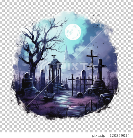 A Dark and Eerie Graveyard Under a Full Moon 120259034