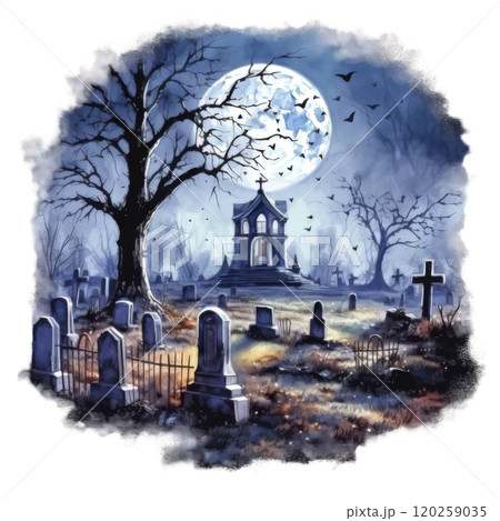 A Graveyard Under a Full Moon with a Church in the Background 120259035