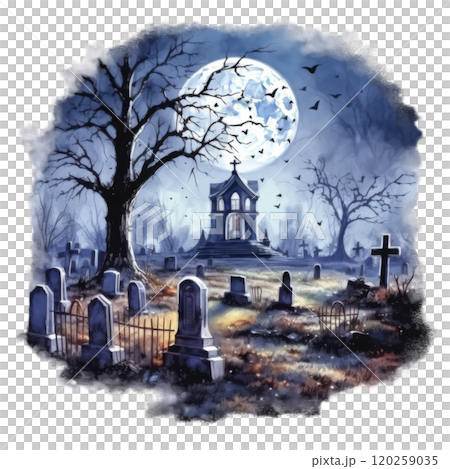 A Graveyard Under a Full Moon with a Church in the Background 120259035
