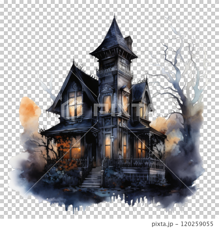 An Eerie Victorian House with Glowing Windows and Bare Branches 120259055