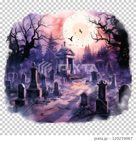 A Graveyard at Dusk with a Full Moon and Crows Flying Overhead 120259067