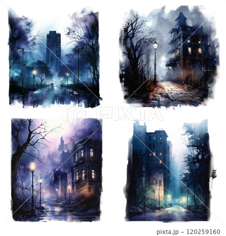Four Watercolor Paintings of Moody City Streets at Night 120259160
