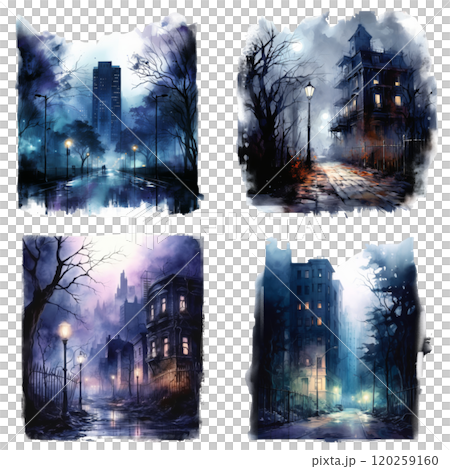 Four Watercolor Paintings of Moody City Streets at Night 120259160