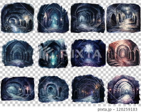 Twelve Watercolor Illustrations of Stone Tunnels and Vaults Twelve Watercolor Illustrations of Stone Tunnels and Vaults 120259183
